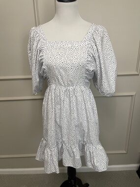 Square Neck White Mini Dress with Black Micro Dot Print